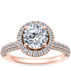 Bague de fiançailles coulissante avec halo de diamants en or rose 14 carats
